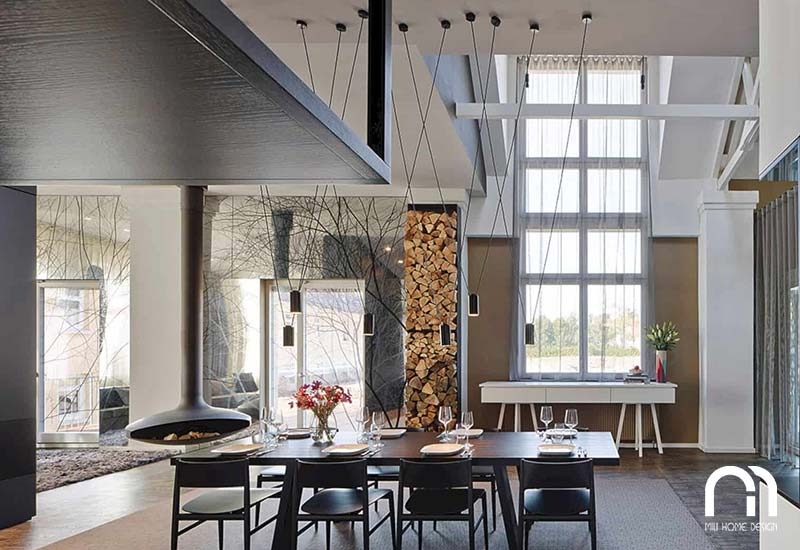 Sự kết hợp giữa gỗ, kim loại và đá tạo nên thiết kế nội thất nhà phố hiện đại.